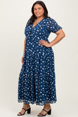 Navy Printed Button Down Tiered Plus Maxi Dress