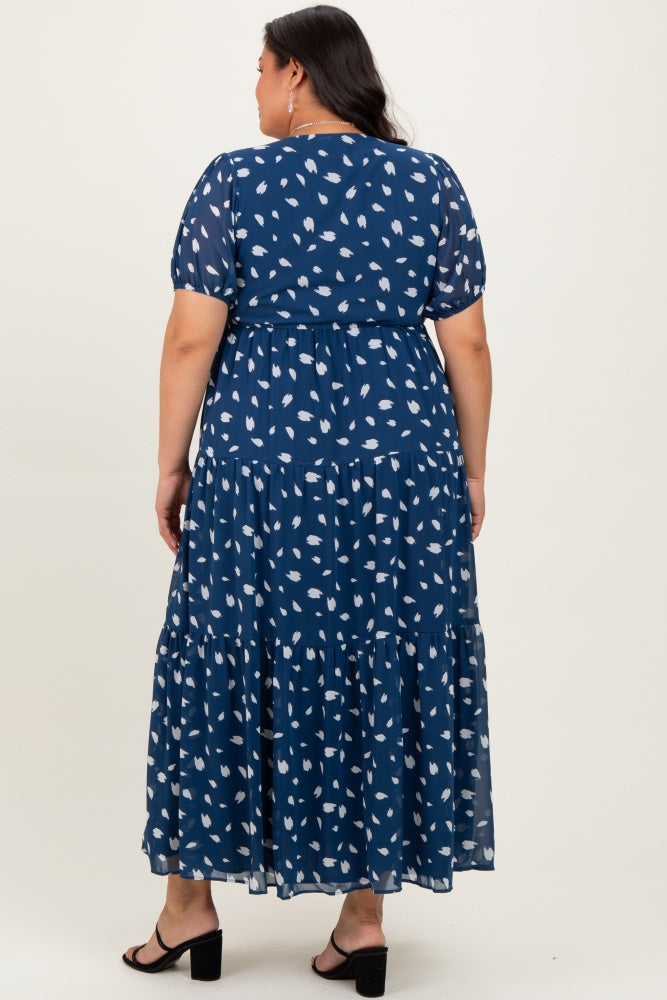 Navy Printed Button Down Tiered Plus Maxi Dress