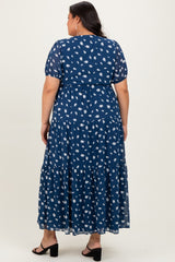 Navy Printed Button Down Tiered Plus Maxi Dress