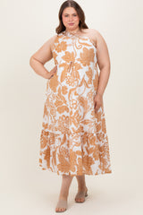Camel Floral One Shoulder Maternity Plus Maxi Dress