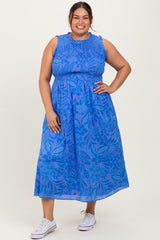 Royal Blue Floral Smocked Sleeveless Plus Midi Dress