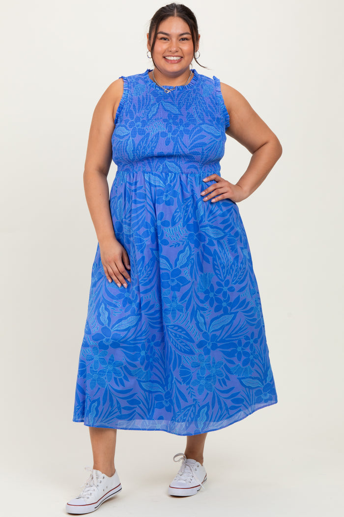 Royal Blue Floral Smocked Sleeveless Maternity Plus Midi Dress