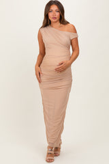 Beige Ruched Asymmetrical Off Shoulder Maternity Maxi Dress