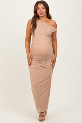 Beige Ruched Asymmetrical Off Shoulder Maternity Maxi Dress