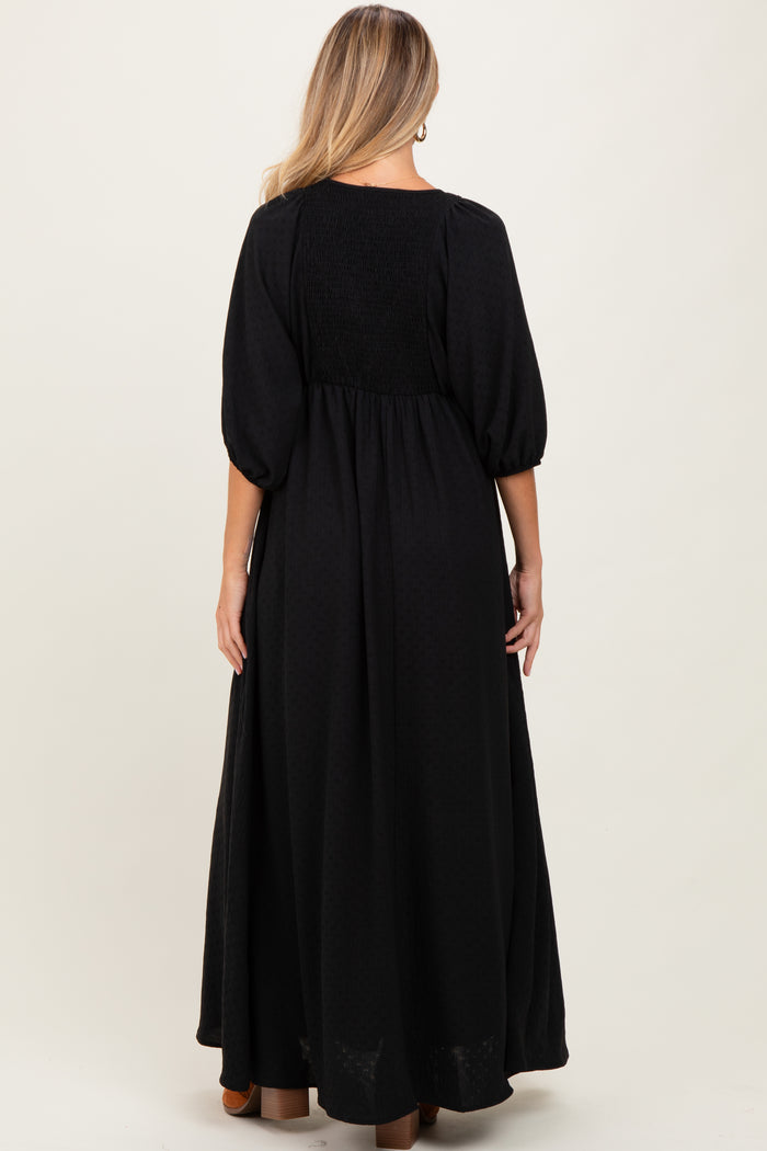 Black Solid 3/4 Sleeve Smocked Top V-Neck Maternity Maxi Dress
