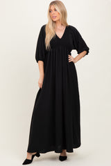 Black Solid 3/4 Sleeve Smocked Top V-Neck Maternity Maxi Dress