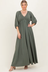 Olive Solid 3/4 Sleeve Smocked Top V-Neck Maxi Dress