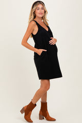 Black Solid Corduroy V-Neck A-Line Maternity Mini Dress