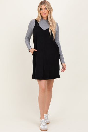 Black Solid Corduroy V-Neck A-Line Mini Dress