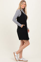 Black Solid Corduroy V-Neck A-Line Mini Dress