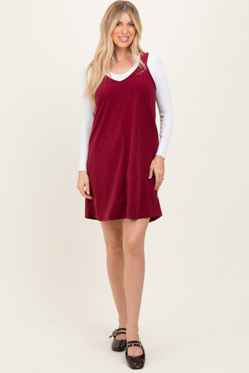 Burgundy Solid Corduroy V-Neck A-Line Mini Dress