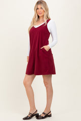 Burgundy Solid Corduroy V-Neck A-Line Mini Dress