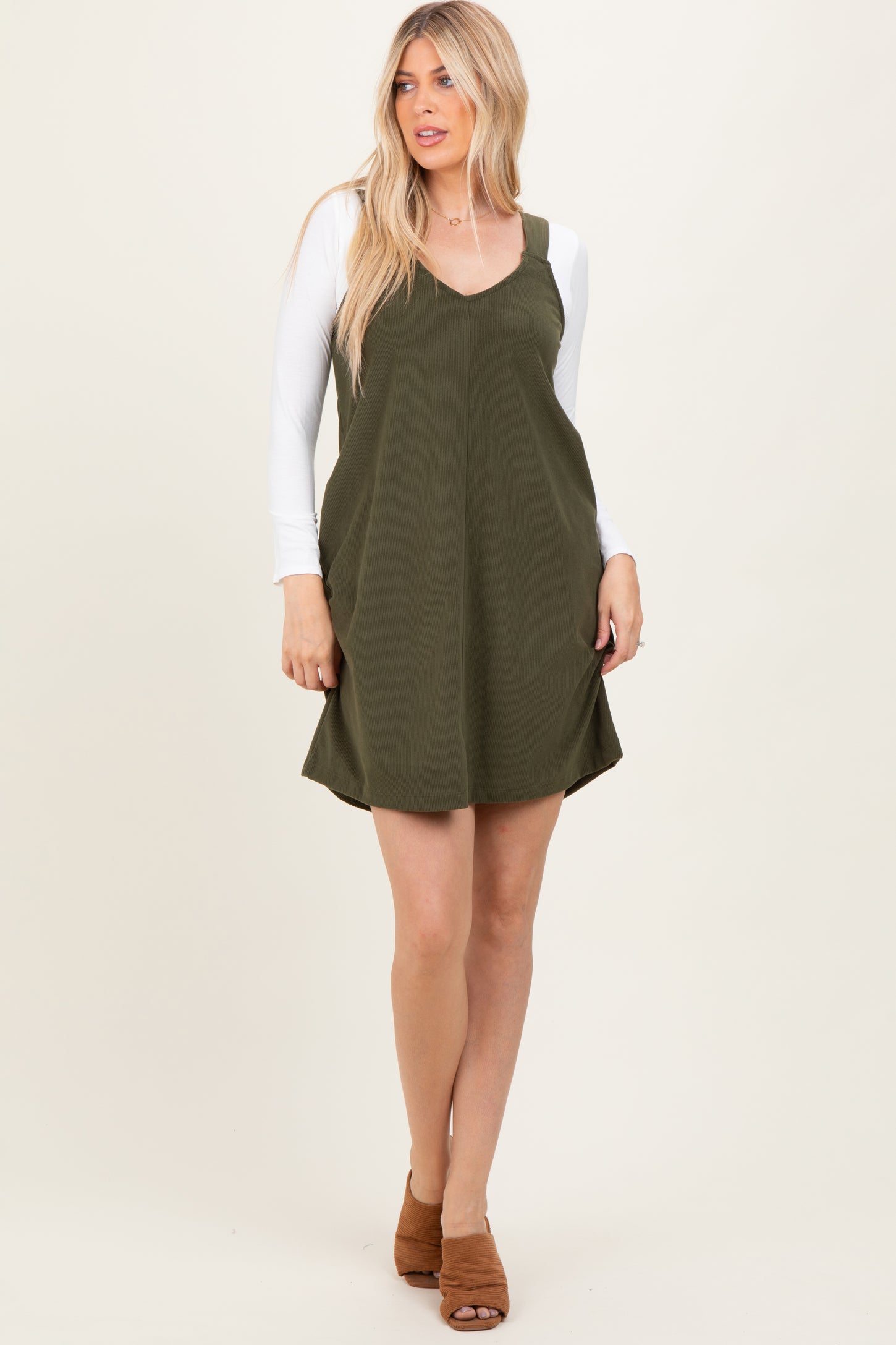 Olive Solid Corduroy V-Neck A-Line Mini Dress