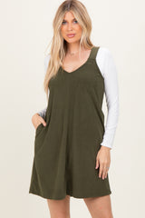 Olive Solid Corduroy V-Neck A-Line Mini Dress
