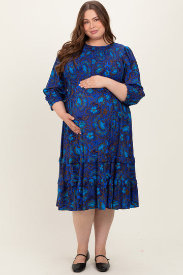 Navy Blue Floral Tiered Plus Maternity Midi Dress