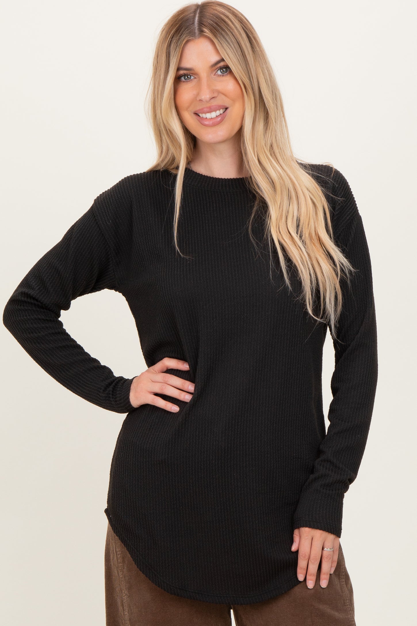 Black Solid Ribbed Long Sleeve Tunic Top