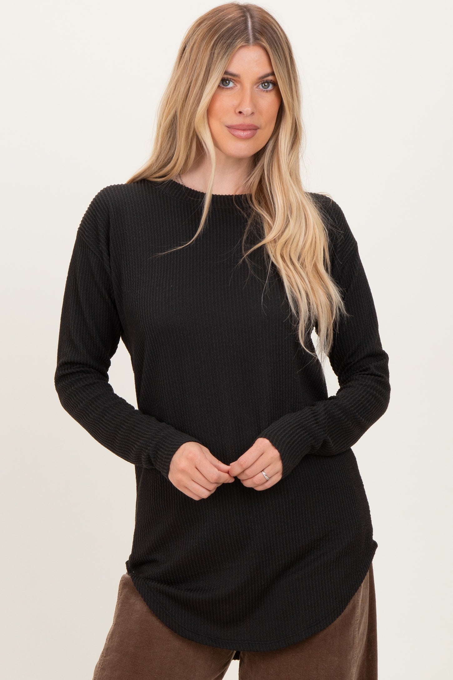 Black Solid Ribbed Long Sleeve Tunic Top