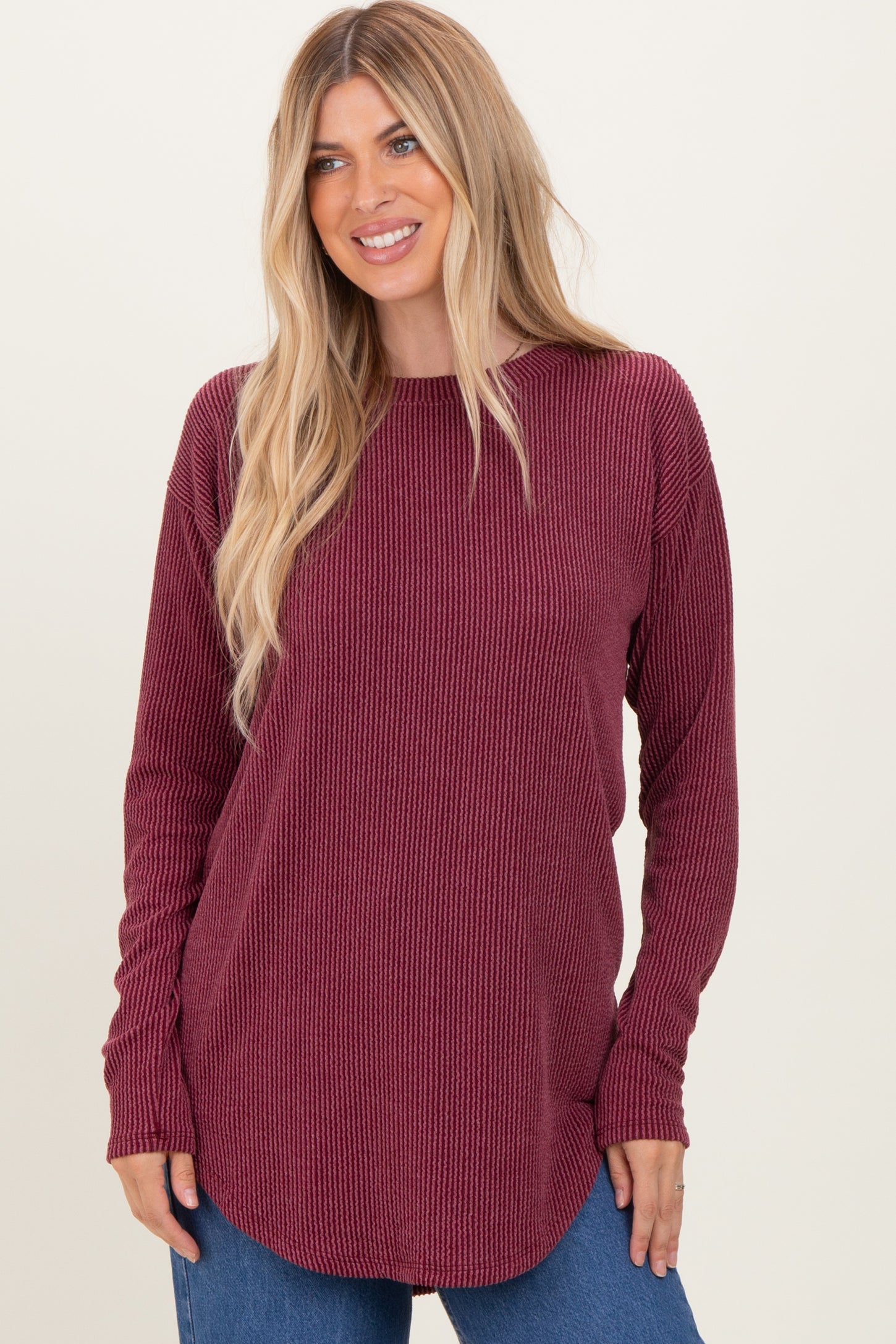 Burgundy Solid Ribbed Long Sleeve Tunic Top