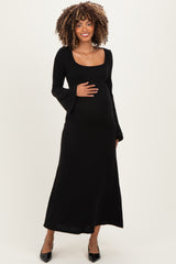 Black Solid Ribbed Long Sleeve Square Neck Maternity Maxi Dress