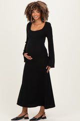 Black Solid Ribbed Long Sleeve Square Neck Maternity Maxi Dress