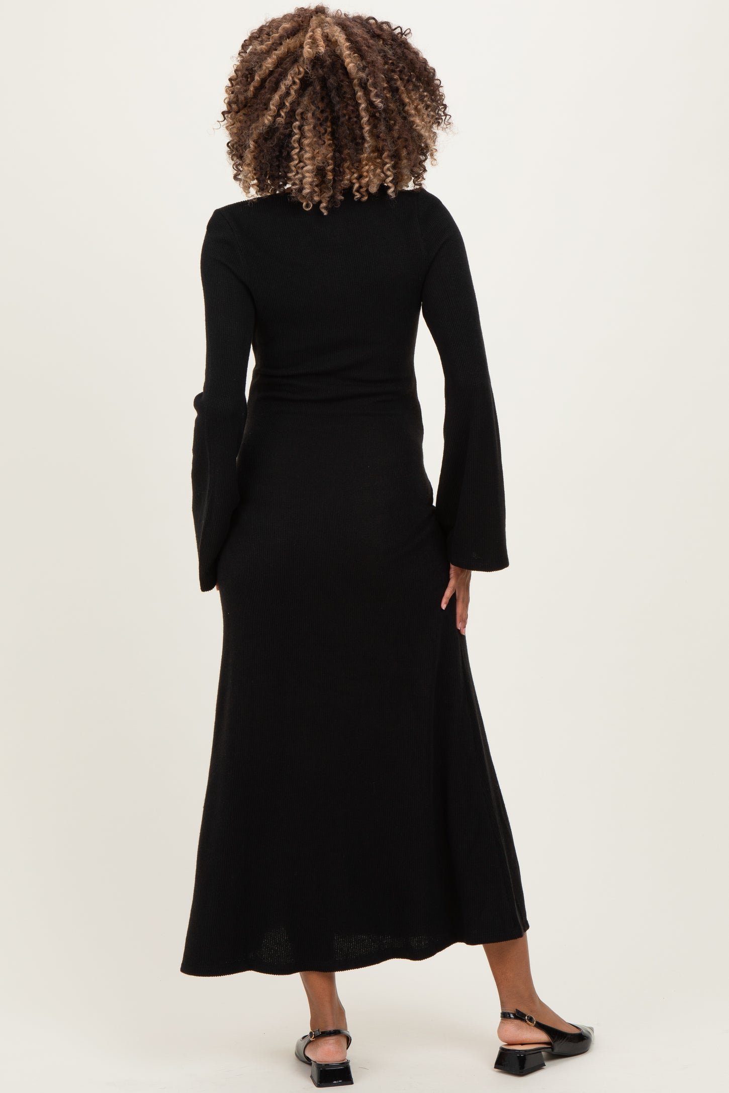 Black Solid Ribbed Long Sleeve Square Neck Maternity Maxi Dress