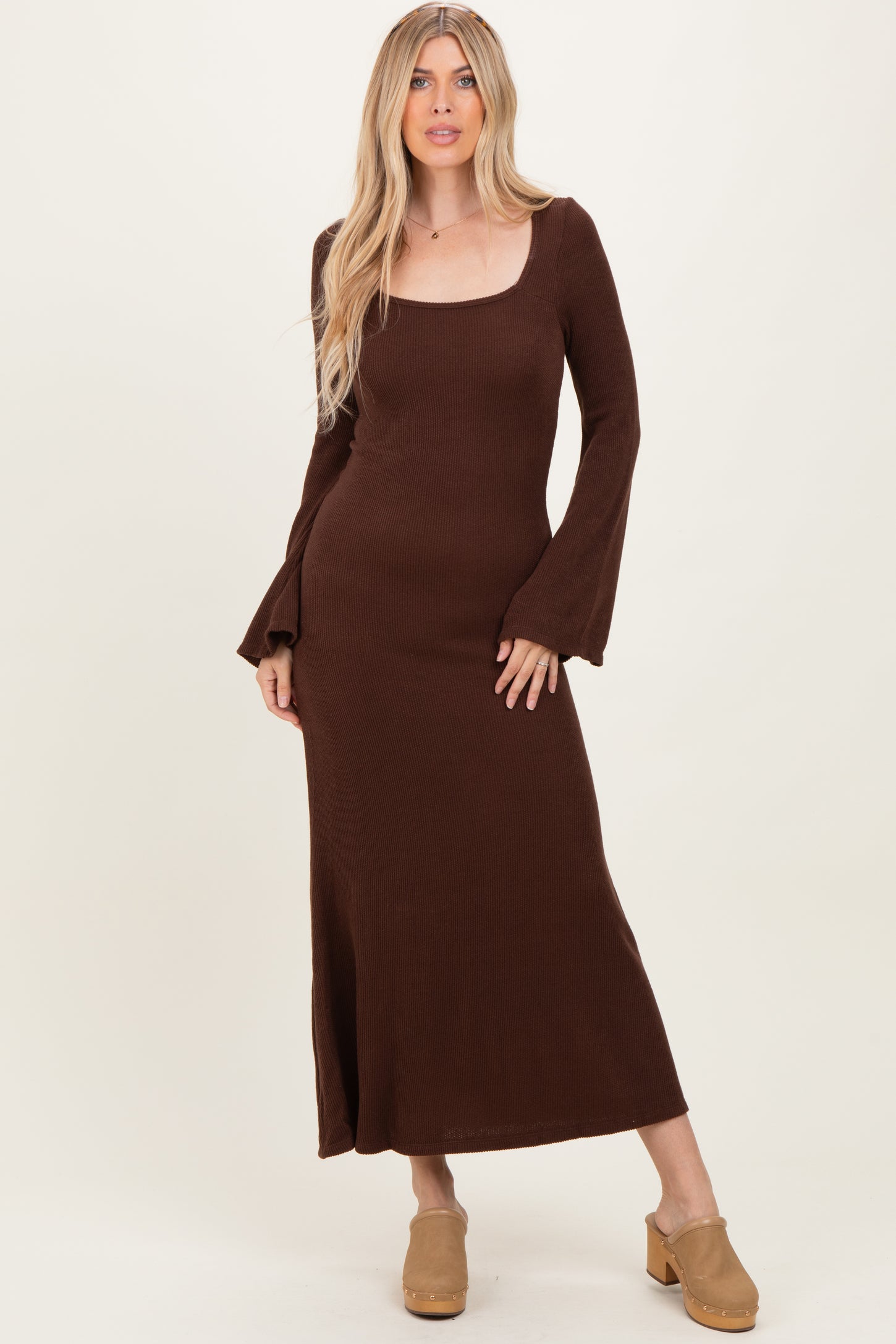 Brown Solid Ribbed Long Sleeve Square Neck Maternity Maxi Dress