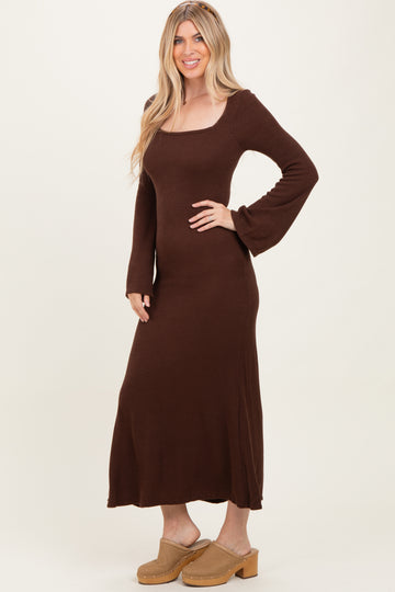 Brown Solid Ribbed Long Sleeve Square Neck Maxi Dress