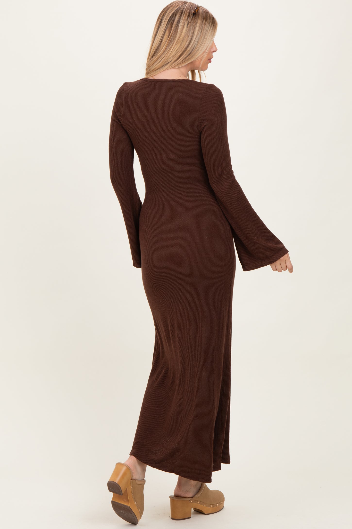 Brown Solid Ribbed Long Sleeve Square Neck Maxi Dress