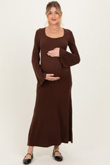 Brown Solid Ribbed Long Sleeve Square Neck Maternity Maxi Dress