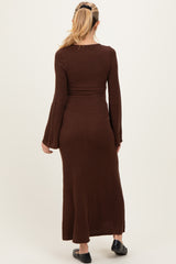 Brown Solid Ribbed Long Sleeve Square Neck Maternity Maxi Dress