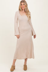 Cream Solid Ribbed Long Sleeve Square Neck Maxi Dress
