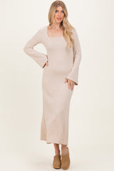 Cream Solid Ribbed Long Sleeve Square Neck Maxi Dress