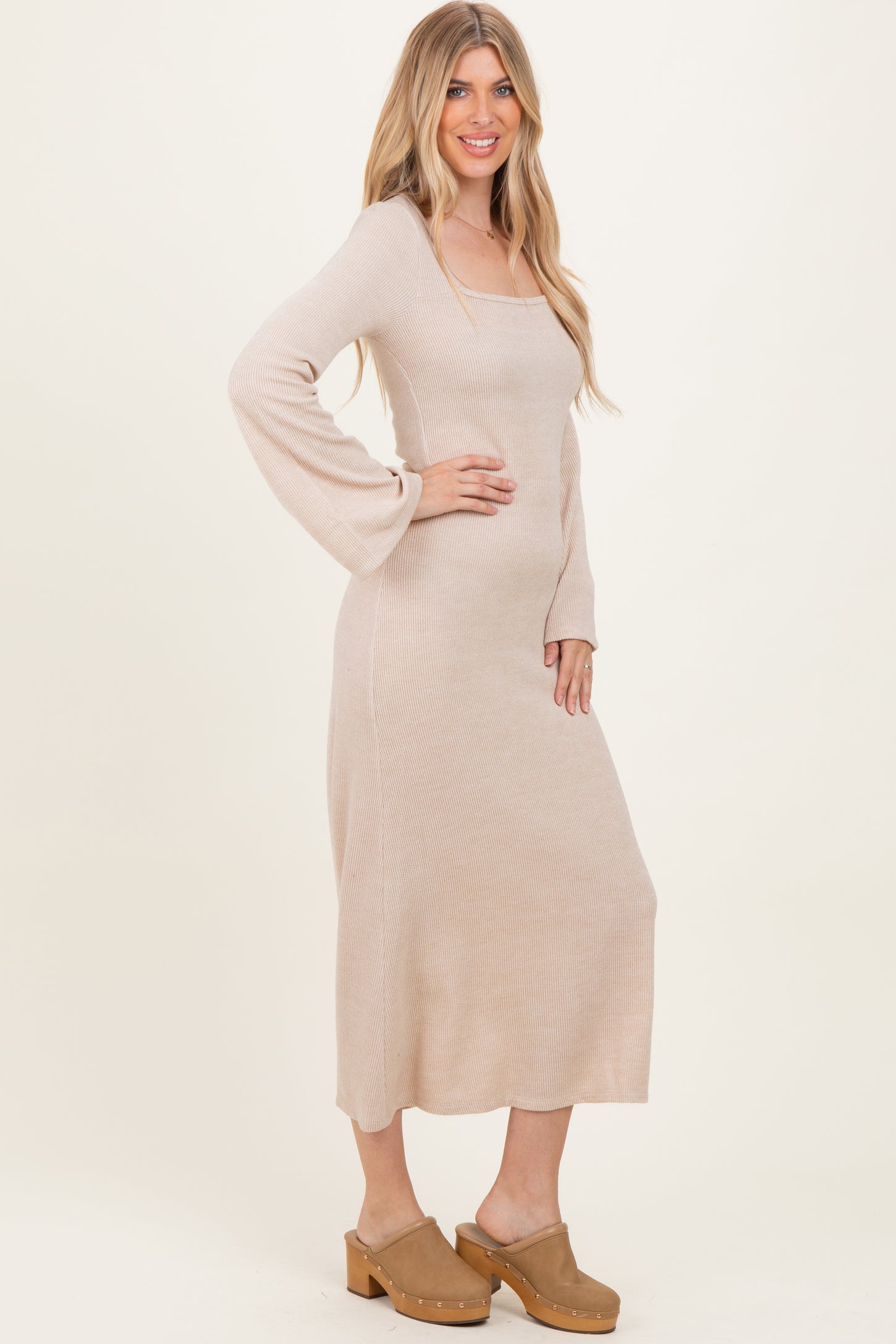 Cream Solid Ribbed Long Sleeve Square Neck Maxi Dress