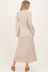 Cream Solid Ribbed Long Sleeve Square Neck Maxi Dress