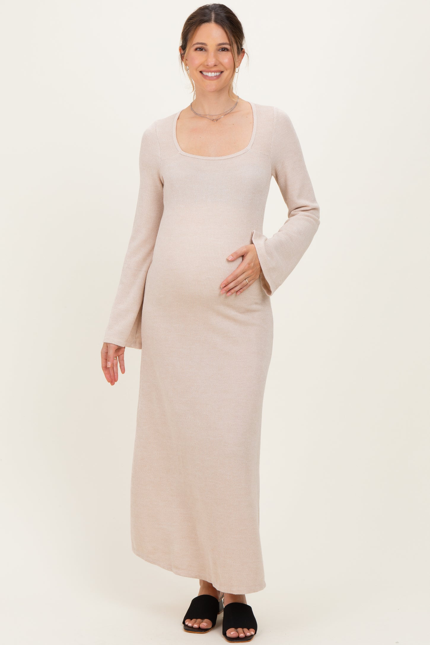 Cream Solid Ribbed Long Sleeve Square Neck Maternity Maxi Dress