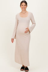 Cream Solid Ribbed Long Sleeve Square Neck Maternity Maxi Dress