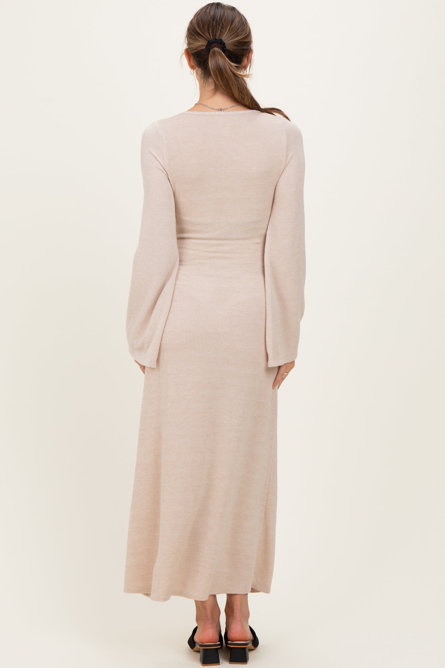 Cream Solid Ribbed Long Sleeve Square Neck Maternity Maxi Dress