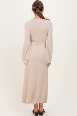 Cream Solid Ribbed Long Sleeve Square Neck Maternity Maxi Dress