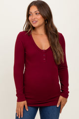 Burgundy Ribbed Long Sleeve Maternity Henley Top