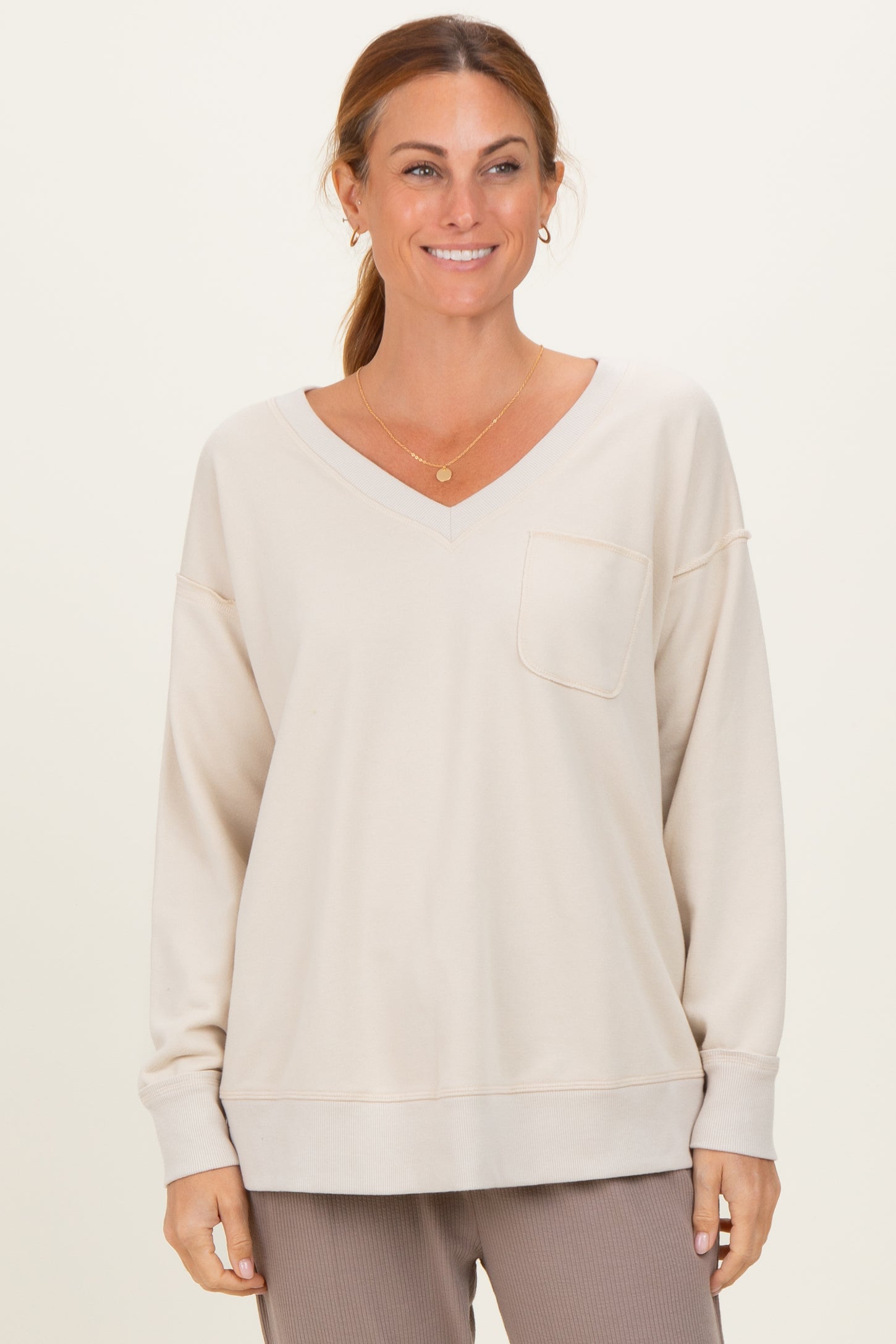 Beige V-Neck Long Sleeve Maternity Pullover Top