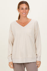 Beige V-Neck Long Sleeve Pullover Top