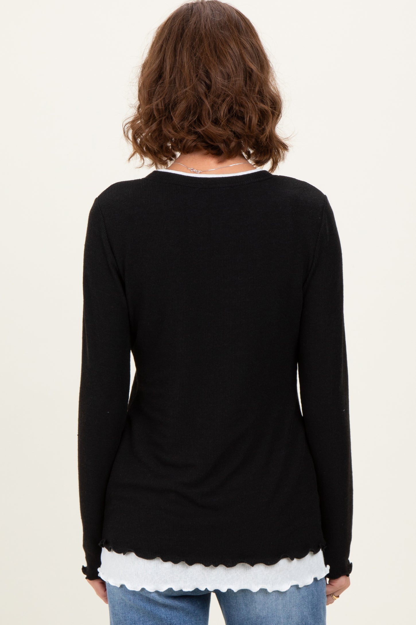 Black/White Ribbed Long Sleeve Twofer Top