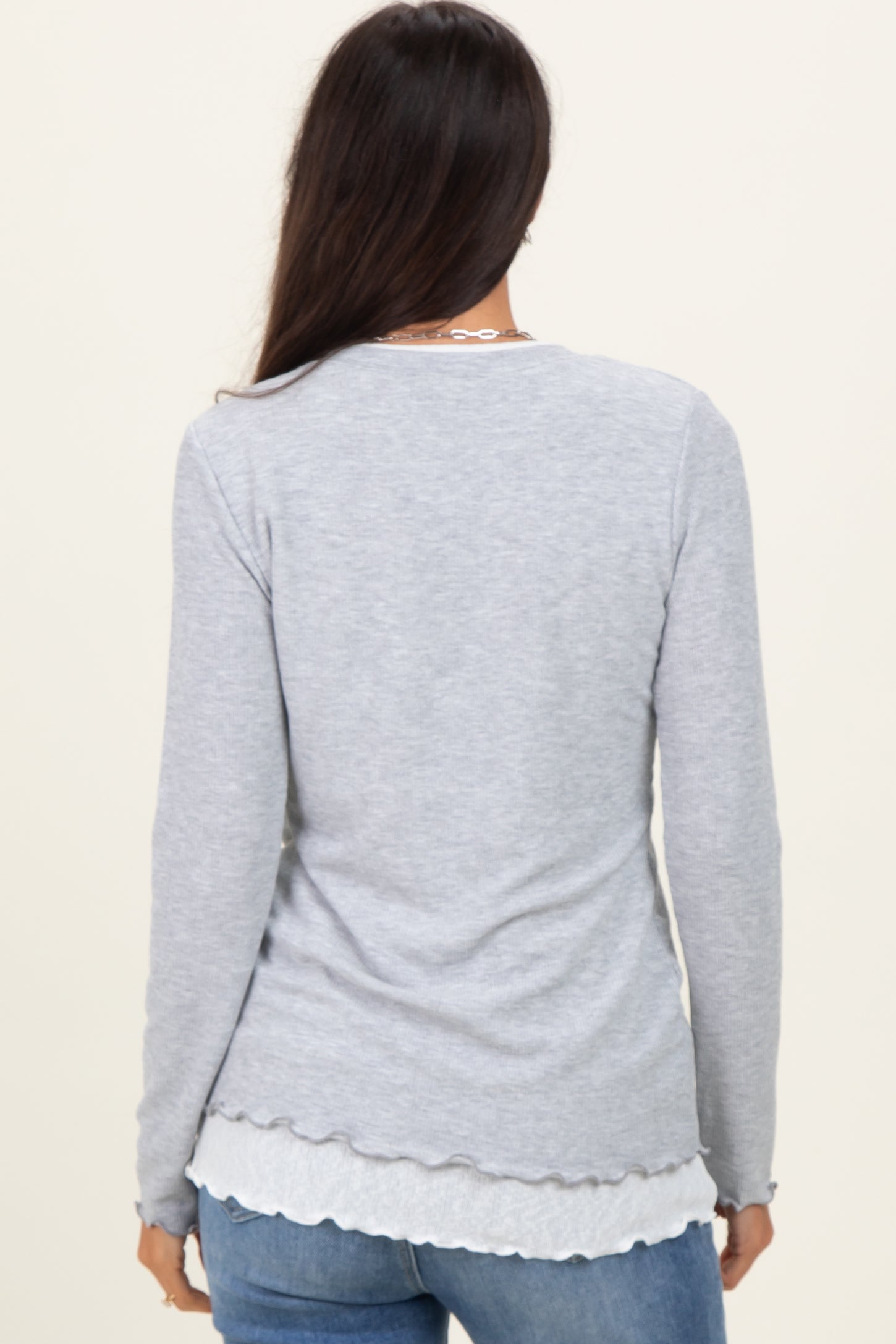 Heather Grey/White Ribbed Long Sleeve Twofer Top