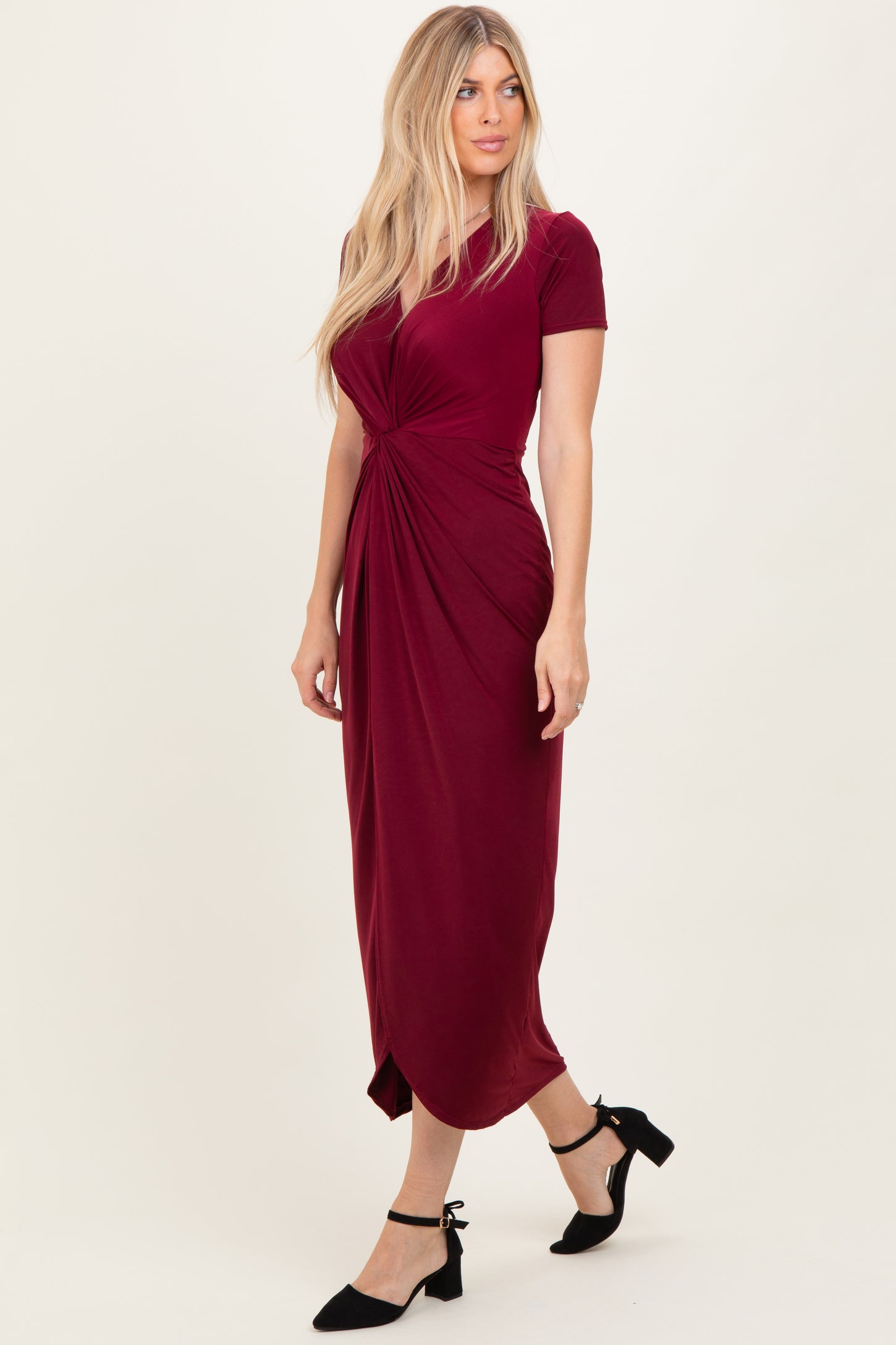 Burgundy Gathered Front Short Sleeve Maxi Dress