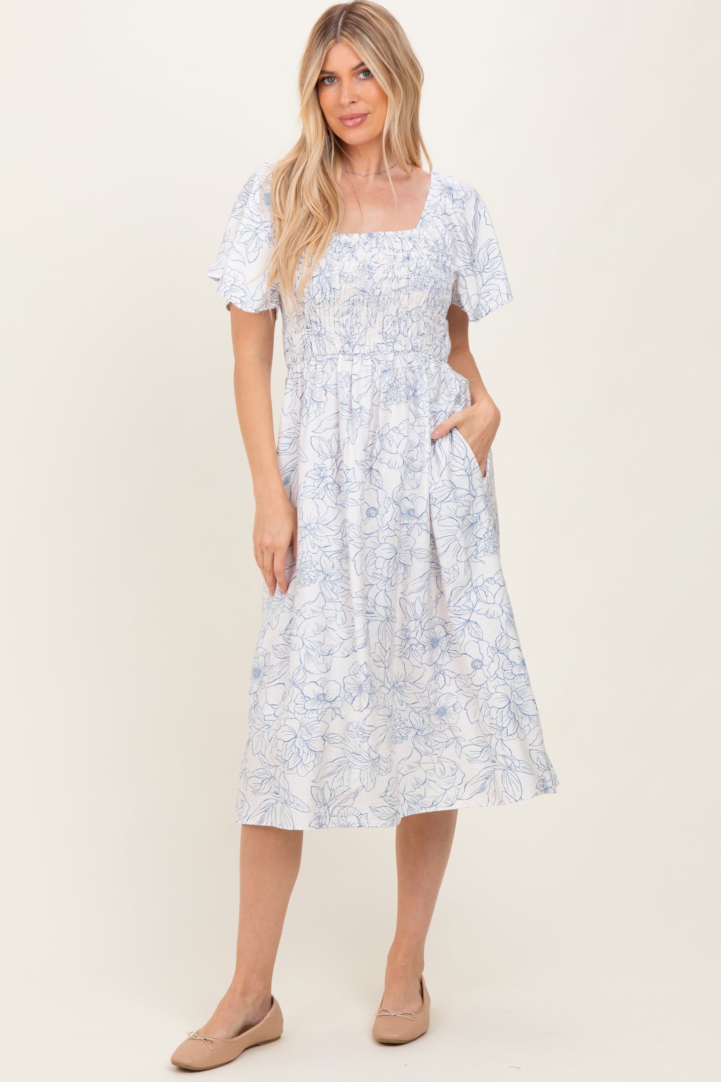 Off White Blue Floral Dress With Pockets