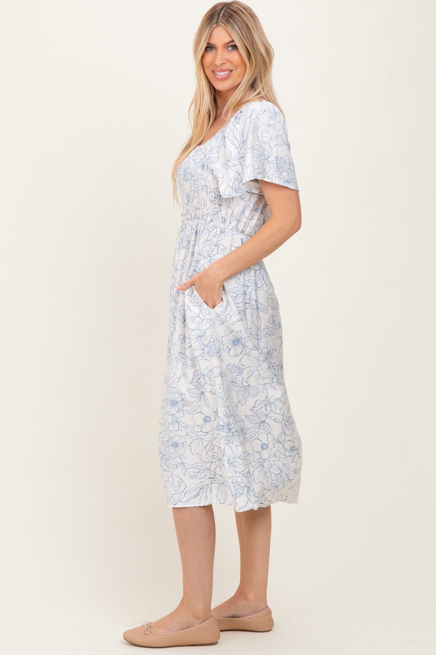Off White Blue Floral Dress With Pockets
