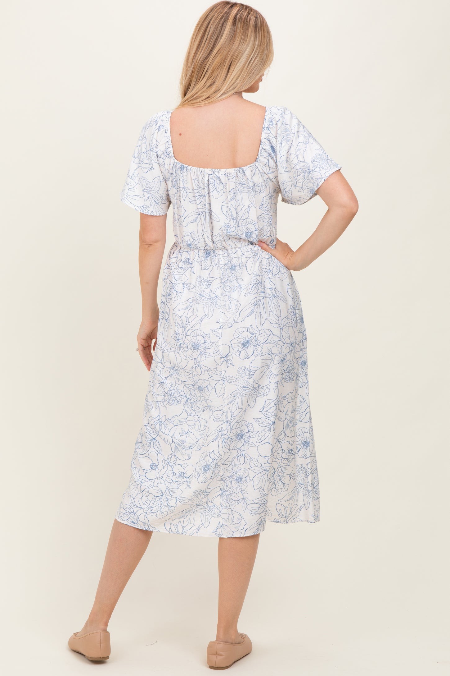 Off White Blue Floral Dress With Pockets
