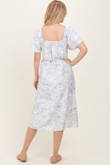 Off White Blue Floral Dress With Pockets