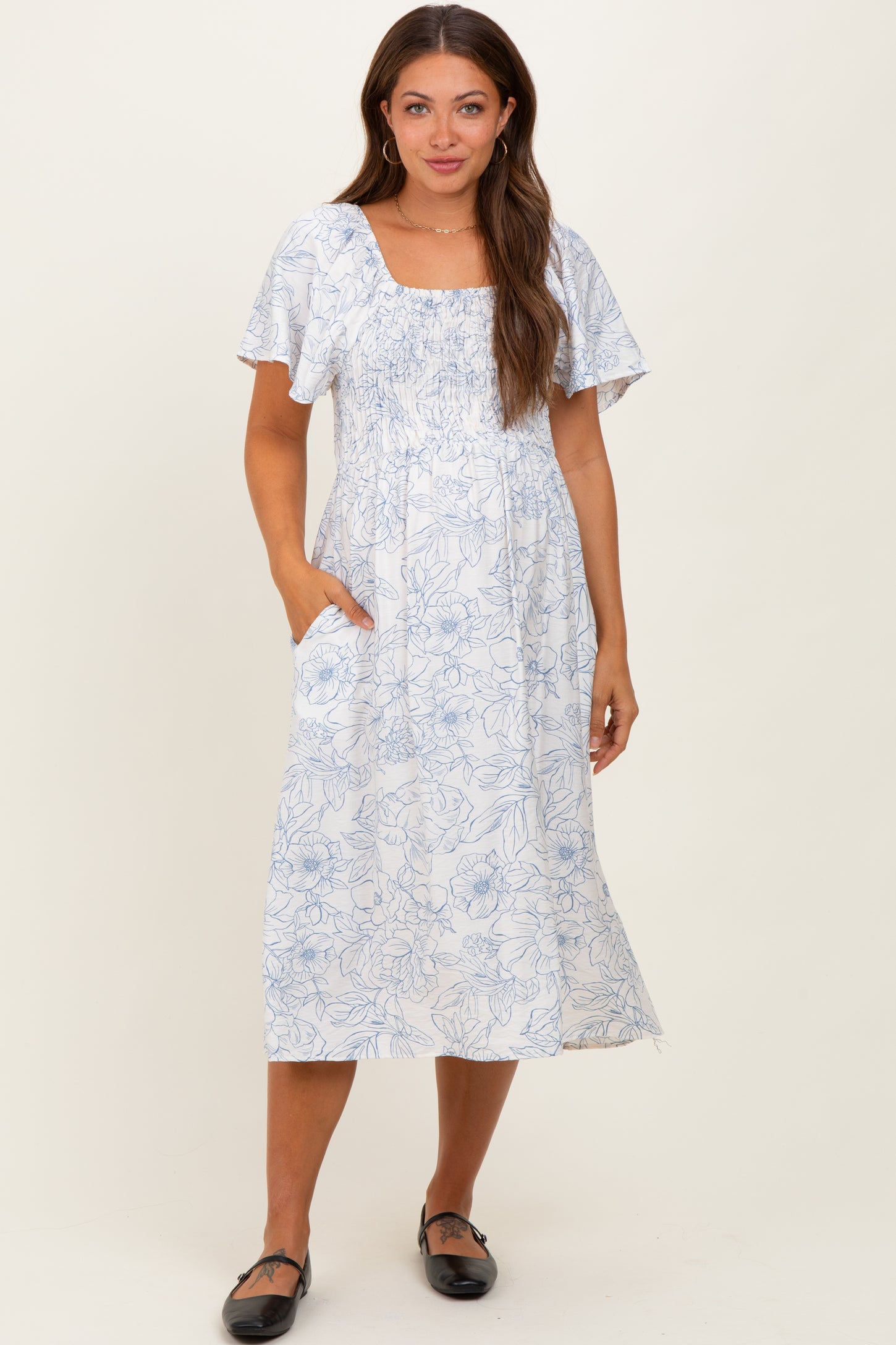 Off White Blue Floral Maternity Dress With Pockets