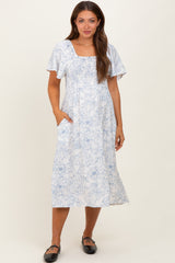 Off White Blue Floral Maternity Dress With Pockets